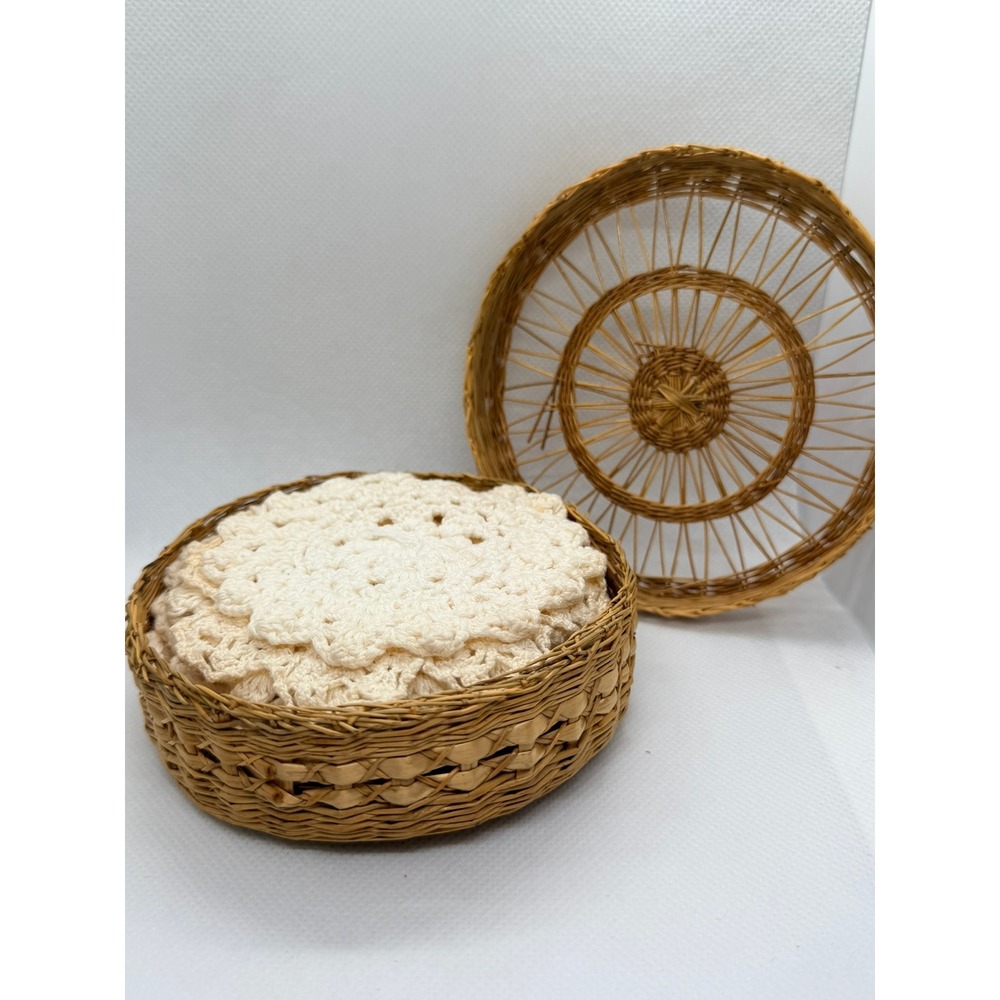 Vintage Hand Crocheted Doily Coasters Set of 9 with Woven Wicker Storage Basket